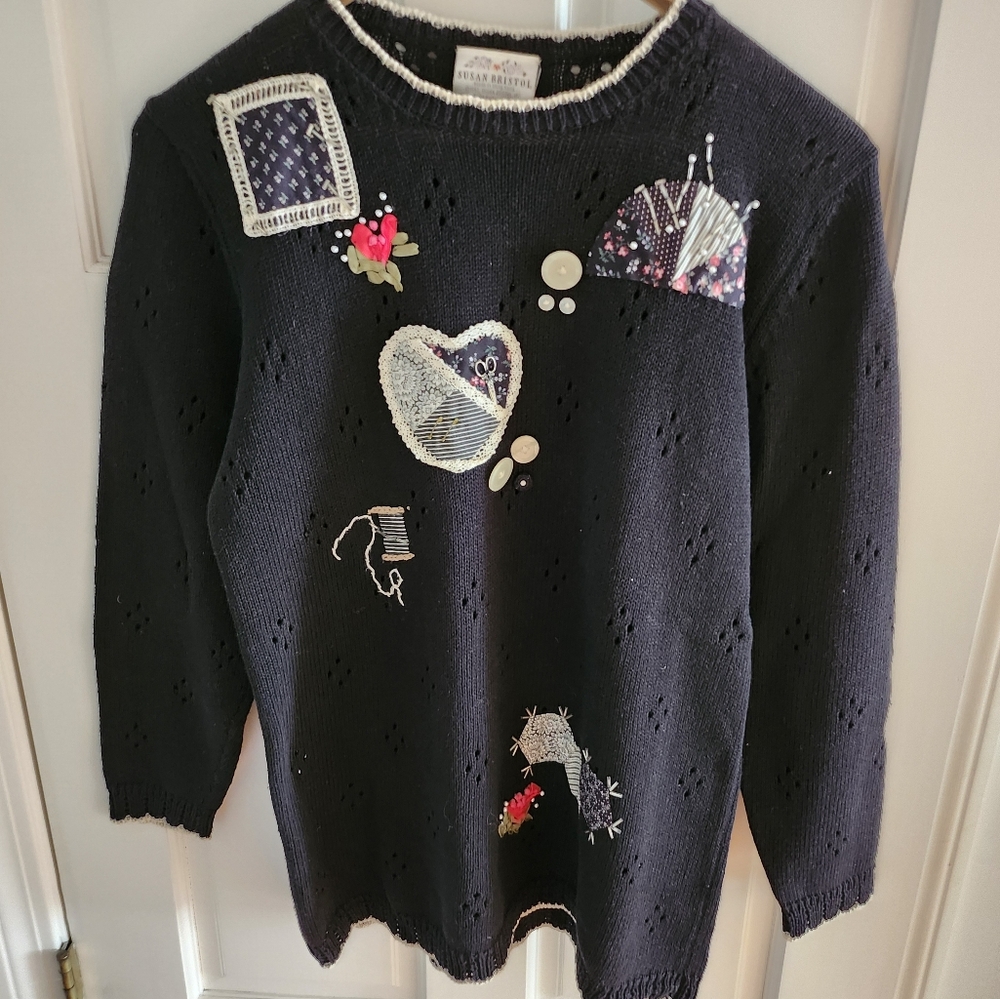 Susan Bristol Black Sweater with Embroidered Accents